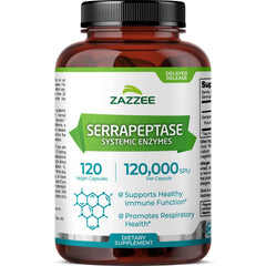 Zazzee Delayed Release Serrapeptase bottle front highlights potency and a 4-month supply.