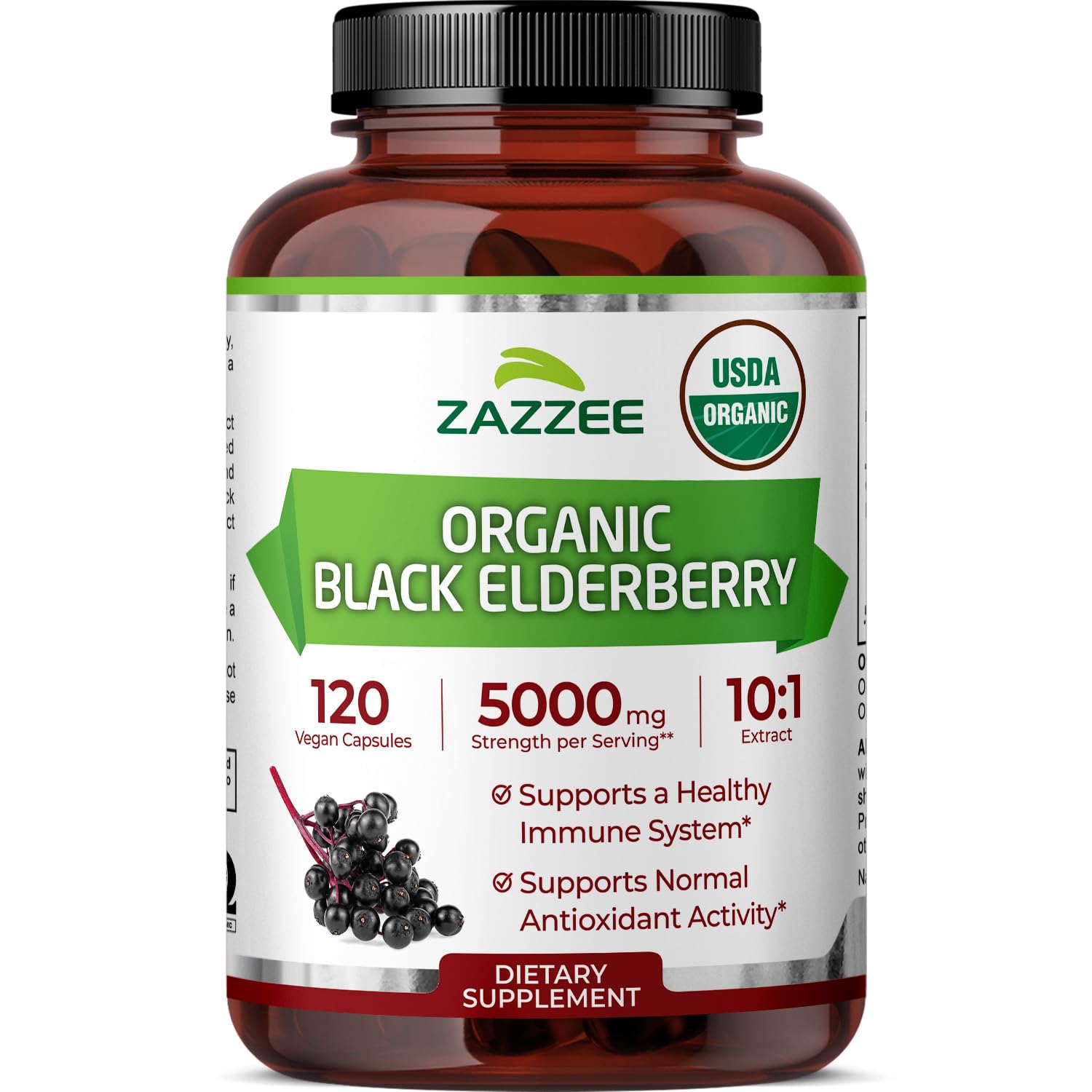 Zazzee elderberry 10:1 extract bottle, premium organic formula on display