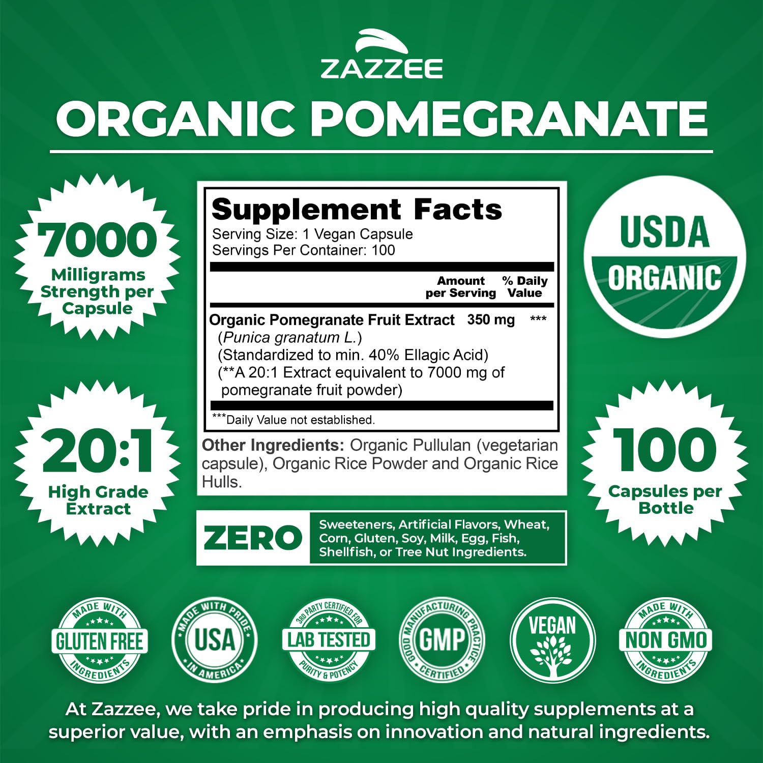 Zazzee ellagic acid 40 percent label emphasizes enriched extract.