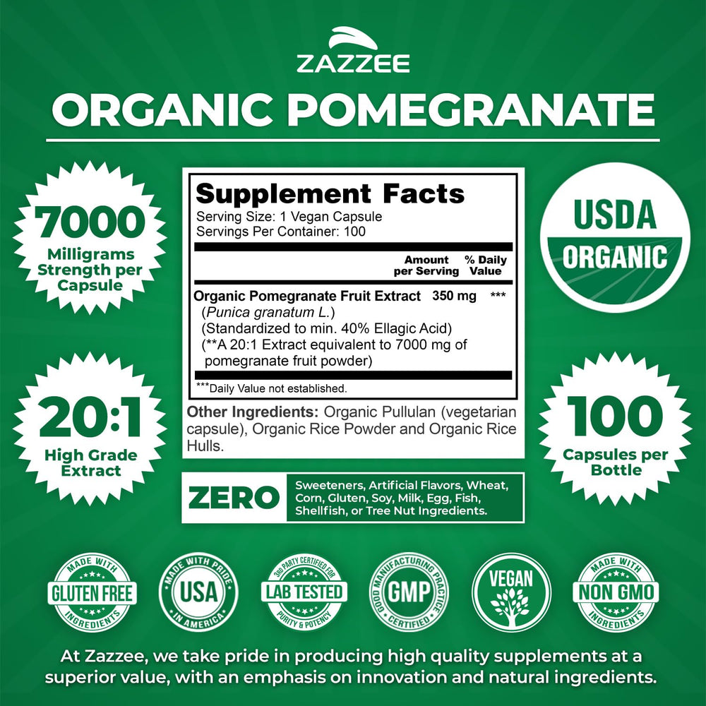 Zazzee ellagic acid 40 percent label emphasizes enriched extract.