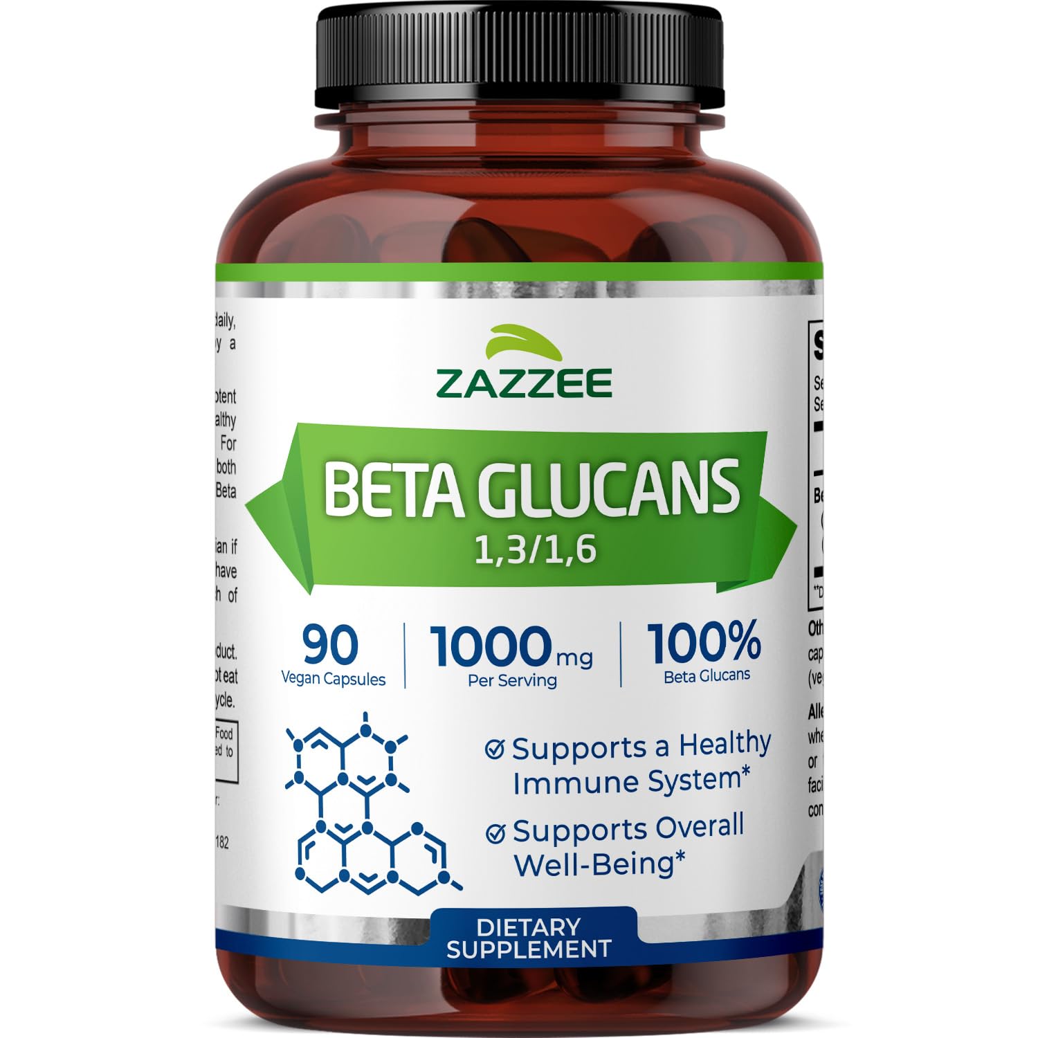 Zazzee Extra Strength Beta Glucans bottle with 90 vegan capsules for daily immune support.