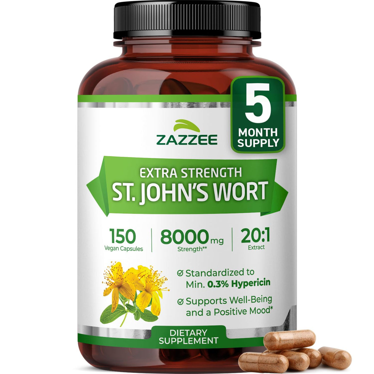 Zazzee Extra Strength St. Johns Wort bottle shows long-lasting 5 month supply