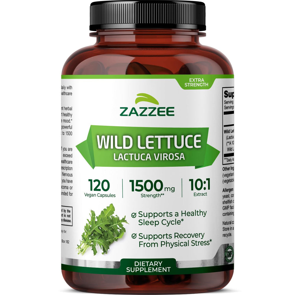 Zazzee extra strength wild lettuce bottle shows potent 10:1 extract for daily wellness support