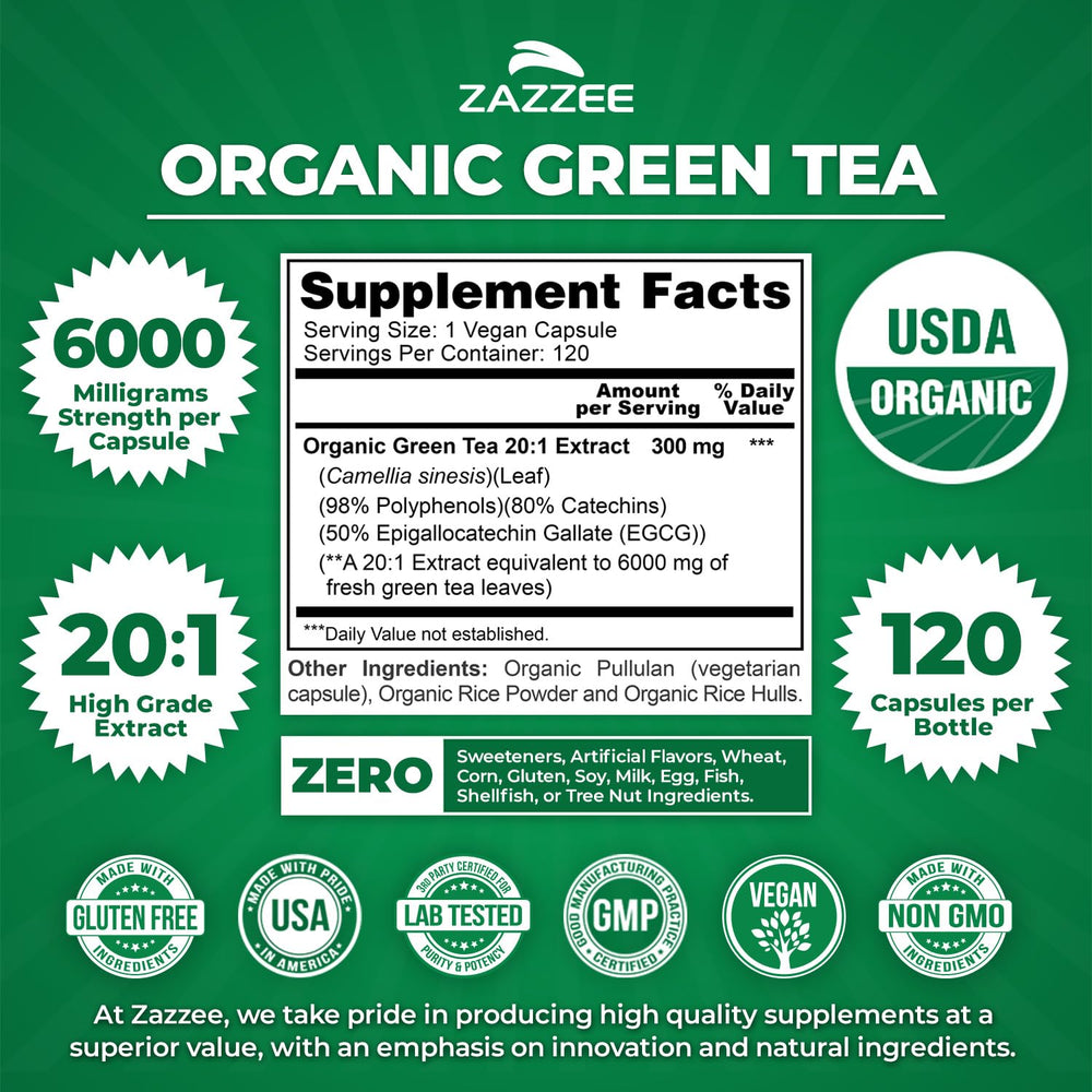 Zazzee 50% EGCG close-up highlights key active compounds.