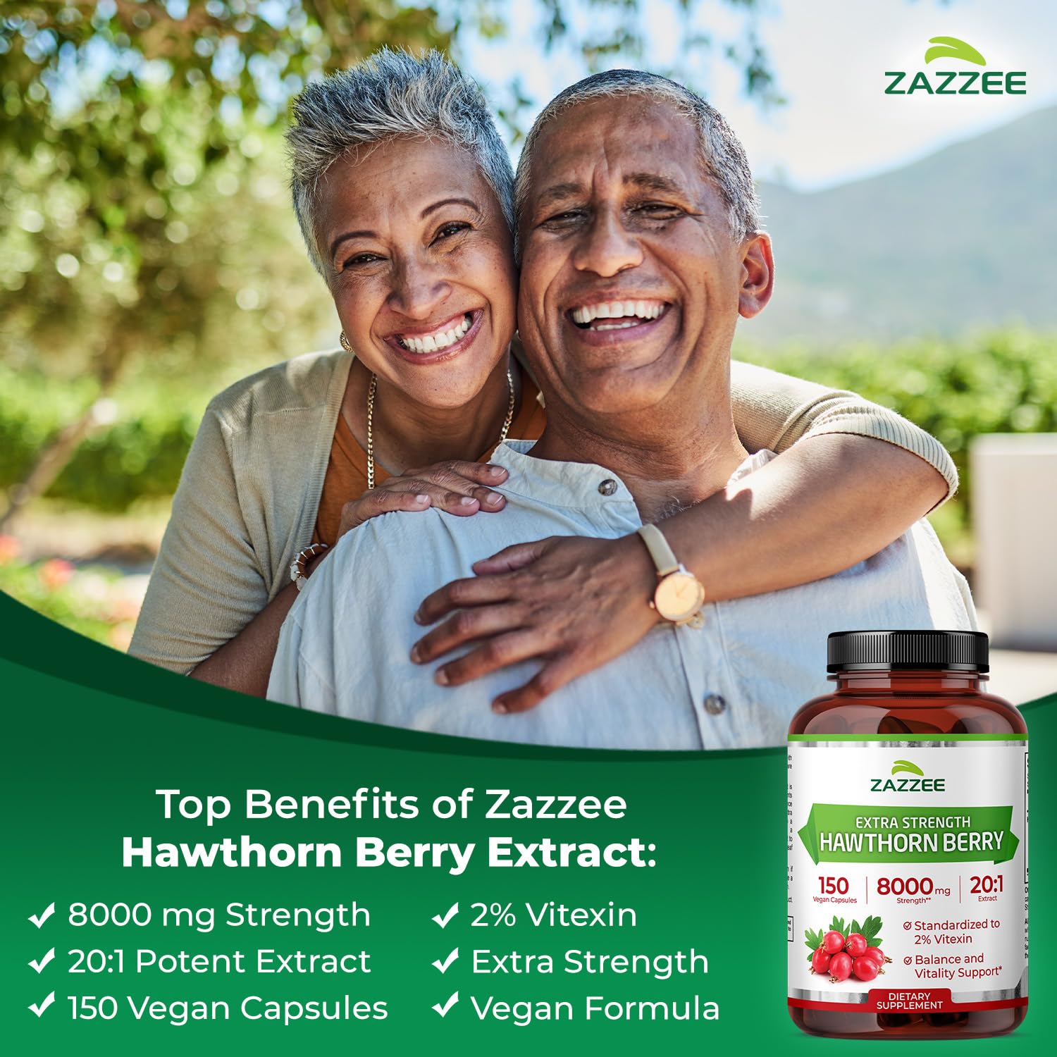 Zazzee Hawthorn bottle back displays ingredients and non-GMO claim