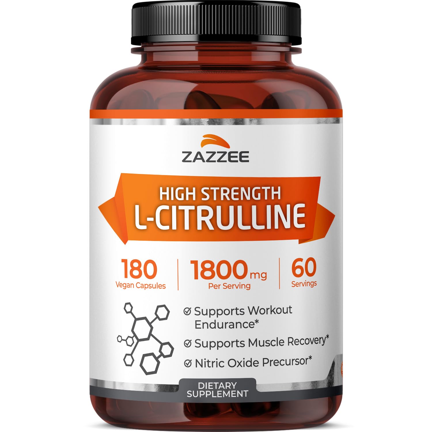 Zazzee high-strength L-Citrulline bottle showing 1800 mg per serving for daily vitality