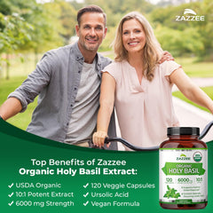 Zazzee 10x extract label indicates high-potency Holy Basil per capsule.