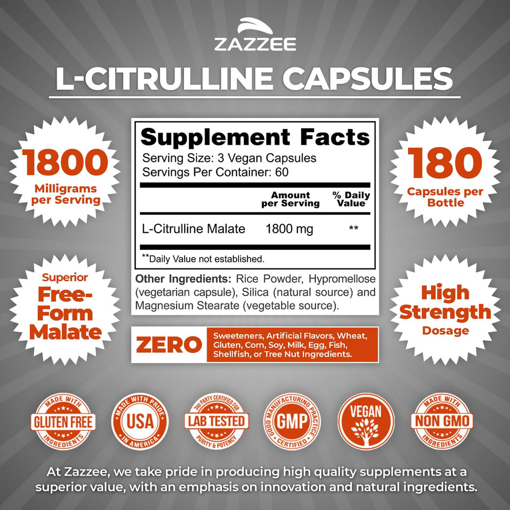 Zazzee L-Citrulline capsules close-up with 1800 mg per serving and vegetarian capsules