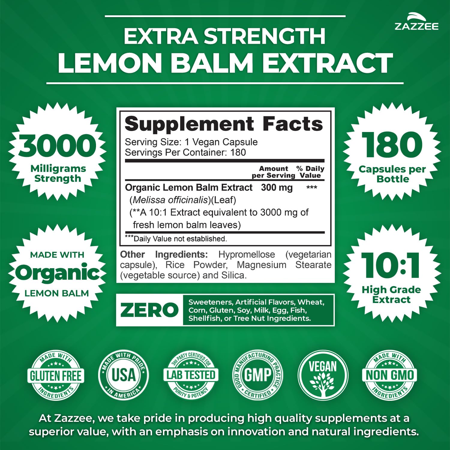 Zazzee Lemon Balm extract capsules close-up for potency and convenience.