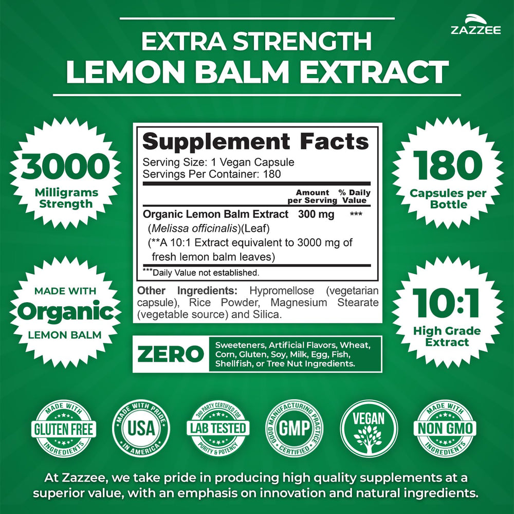 Zazzee Lemon Balm extract capsules close-up for potency and convenience.