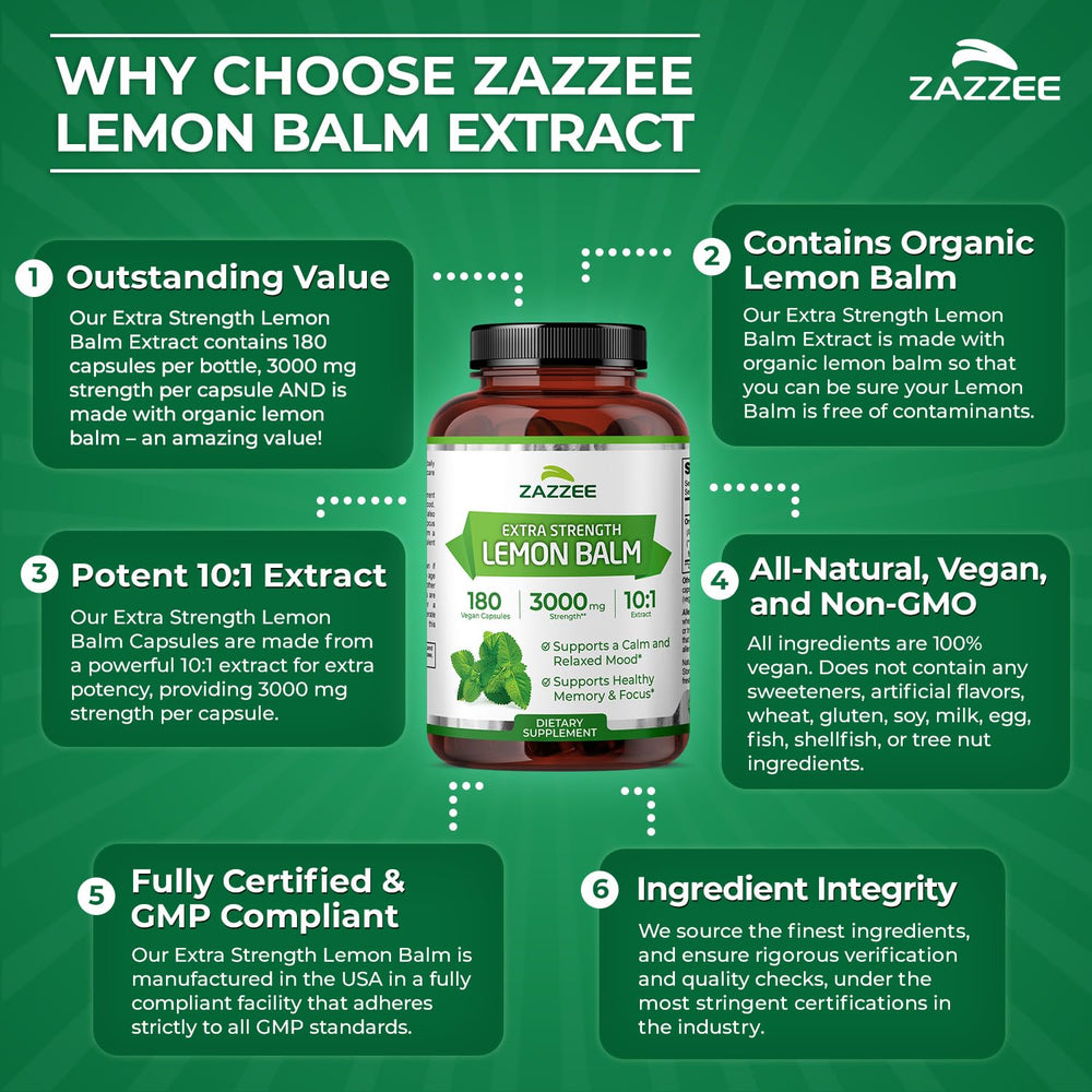 Zazzee Lemon Balm capsules for daily calm support.