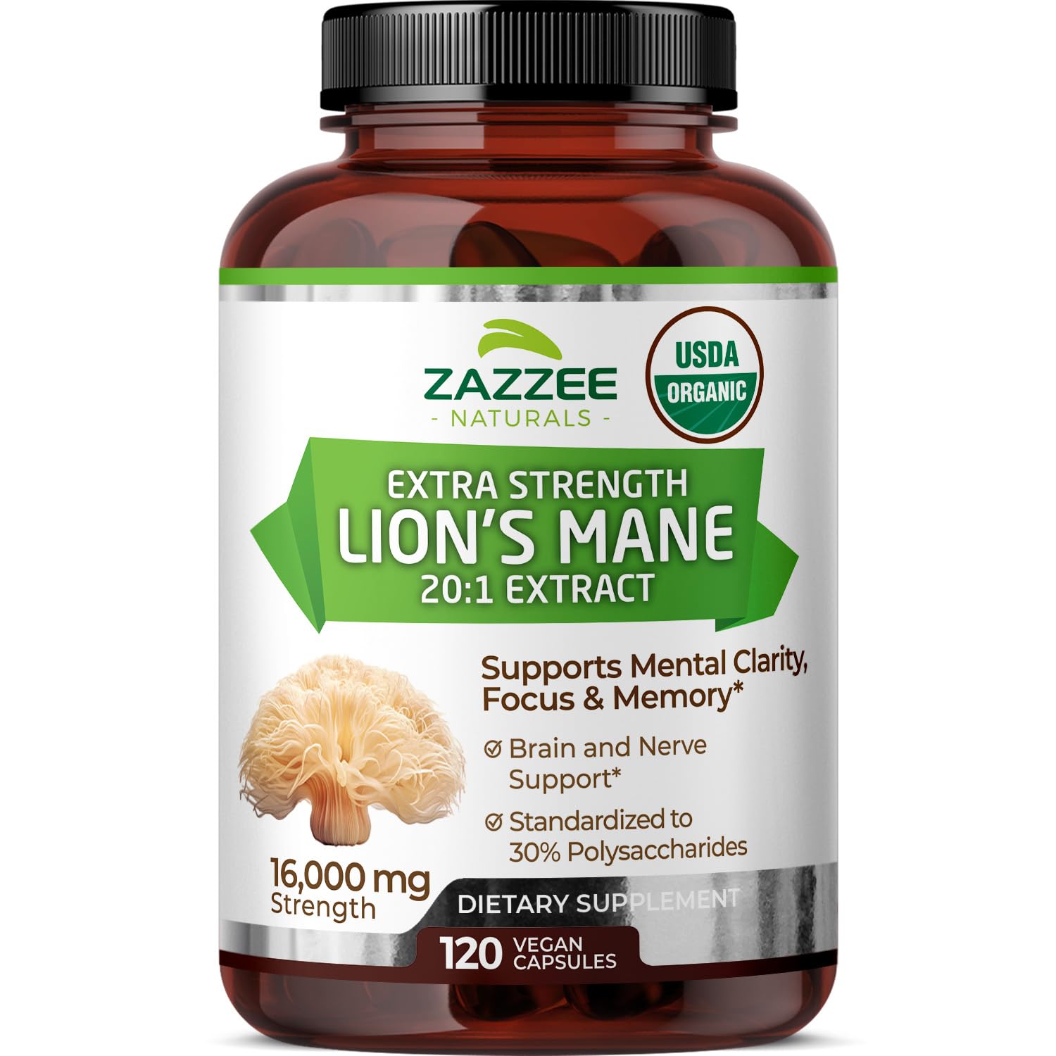 Zazzee Lion's Mane 16,000 mg extract bottle highlighting potency for focus