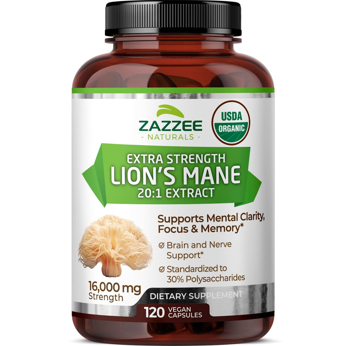 Zazzee Lion's Mane 16,000 mg extract bottle highlighting potency for focus