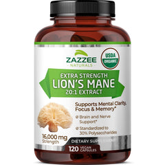 Zazzee Lion's Mane 16,000 mg extract bottle highlighting potency for focus