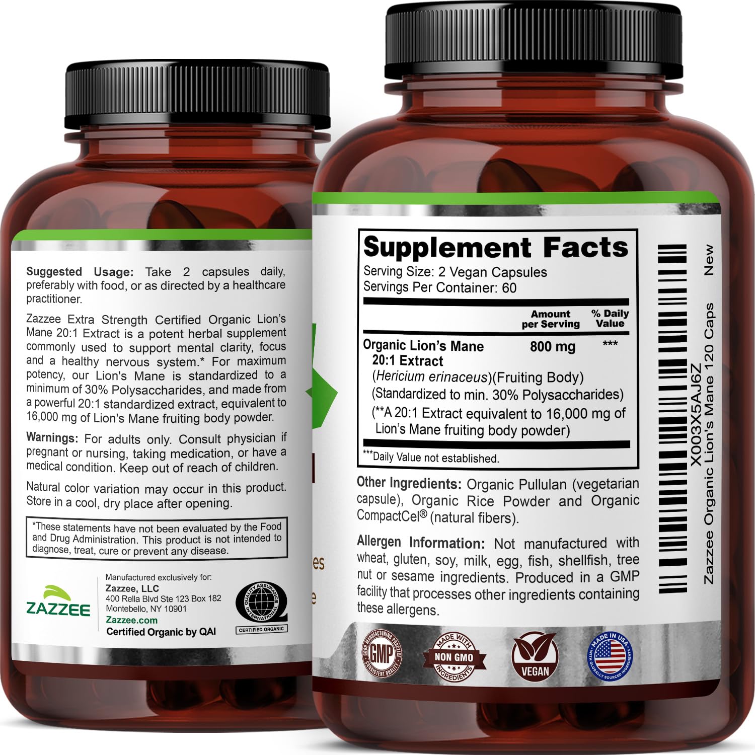 Zazzee Lion's Mane bottle label emphasizing polysaccharides and strength