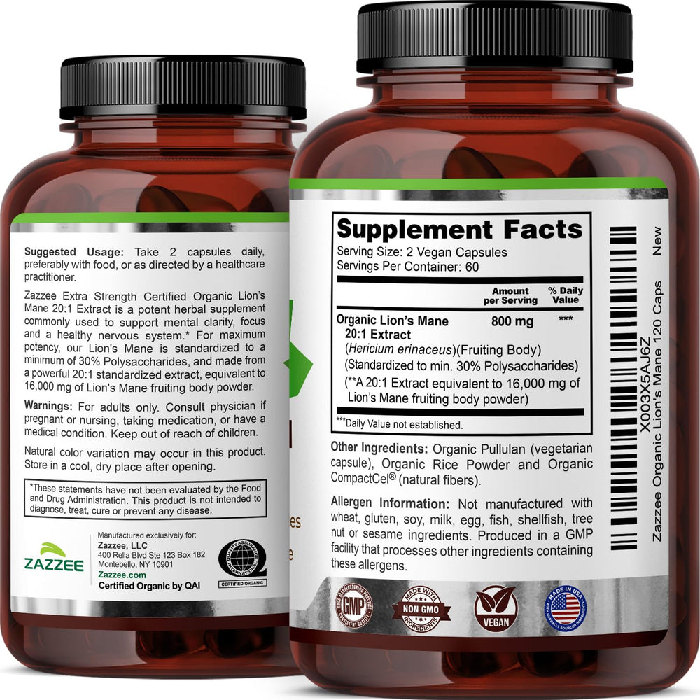 Zazzee Lion's Mane bottle label emphasizing polysaccharides and strength