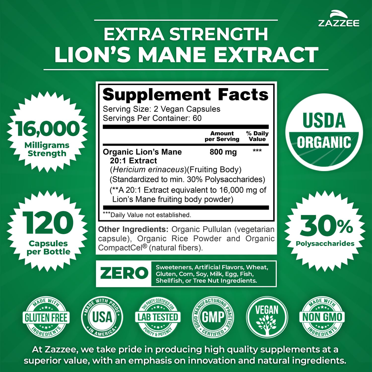 Zazzee Lion's Mane packaging showing organic certification