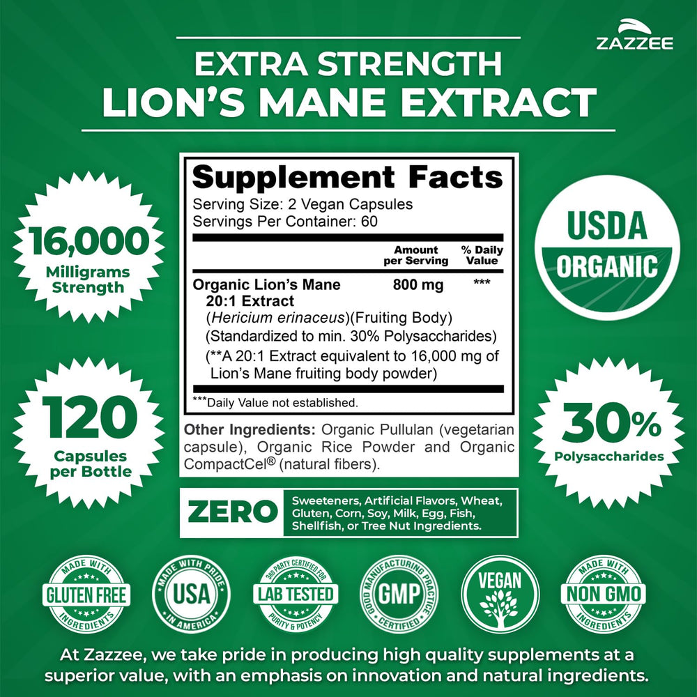 Zazzee Lion's Mane packaging showing organic certification