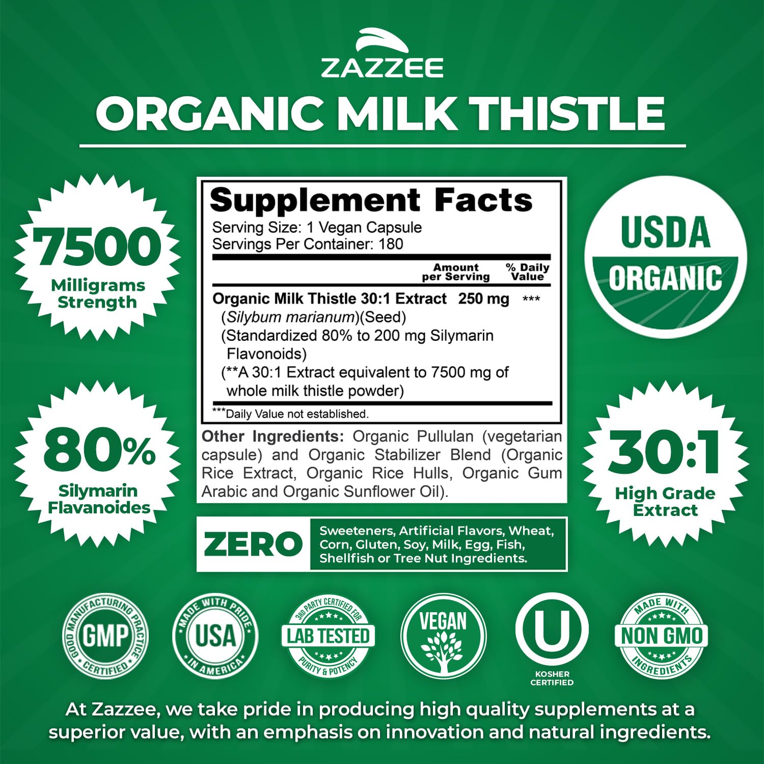 Zazzee milk thistle bottle label shows 80 percent silymarin