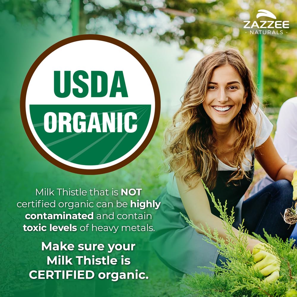 Zazzee Milk Thistle bottle label highlights USDA Organic and 30:1 extract