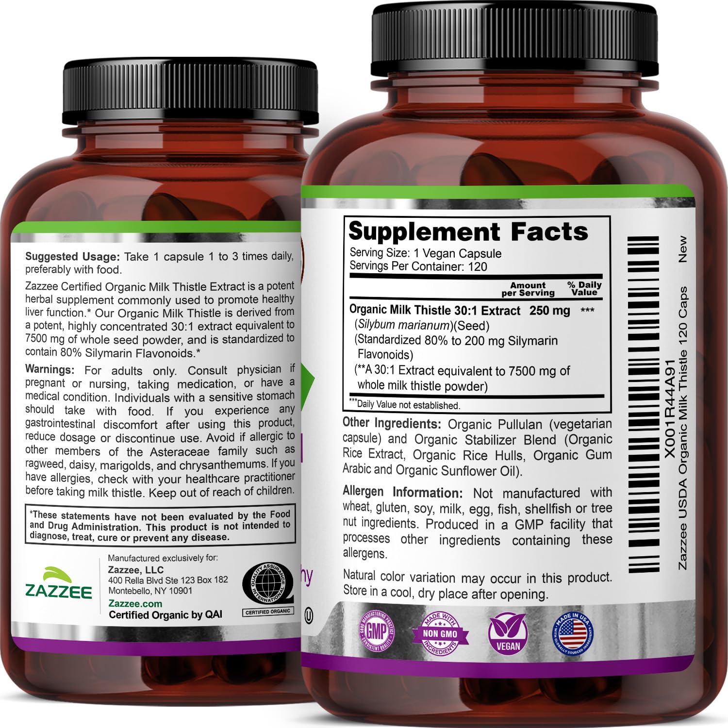 Zazzee Milk Thistle batch and quality control labels on packaging