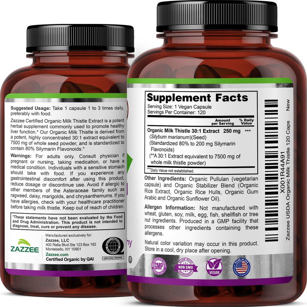 Zazzee Milk Thistle batch and quality control labels on packaging