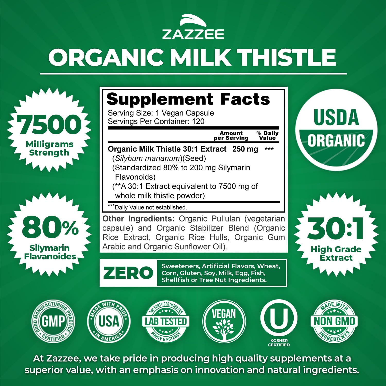 Zazzee Milk Thistle seal denotes organic certification and vegan formula