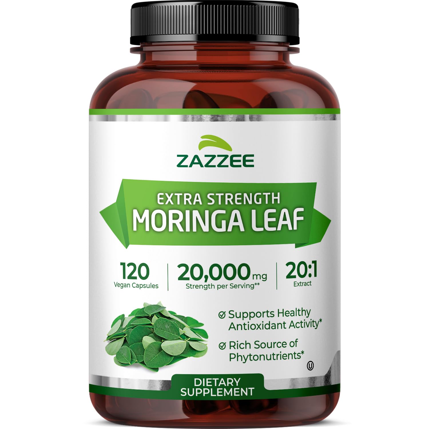 Zazzee Moringa bottle with 120 capsules for daily wellness.