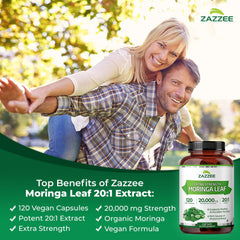 Zazzee Moringa bottle label highlights organic, non-GMO ingredients.