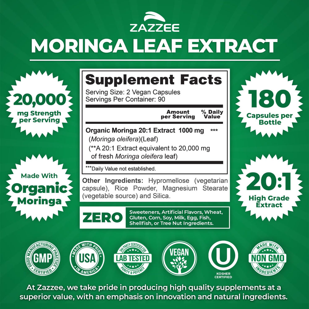 Zazzee Moringa vegan capsules provide 180-count daily supply