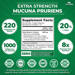 Zazzee mucuna-pruriens 20-percent L-Dopa label close-up emphasizes strength