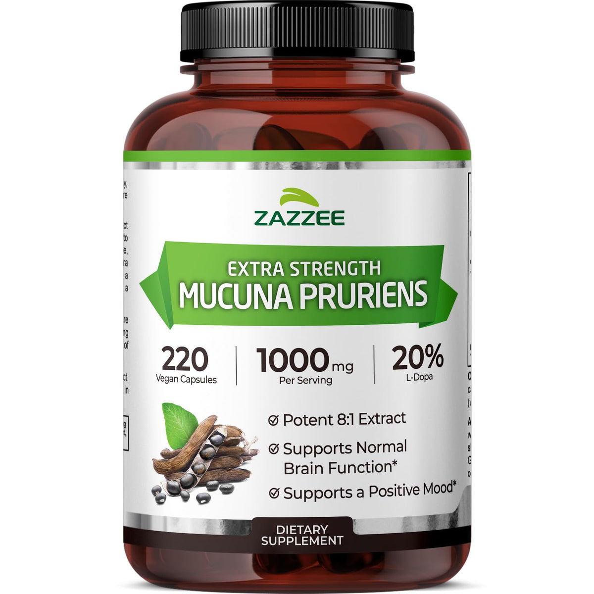 Zazzee mucuna-pruriens 8-1 extract bottle highlights 20% L-Dopa potency for daily support