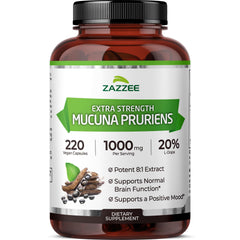 Zazzee mucuna-pruriens 8-1 extract bottle highlights 20% L-Dopa potency for daily support