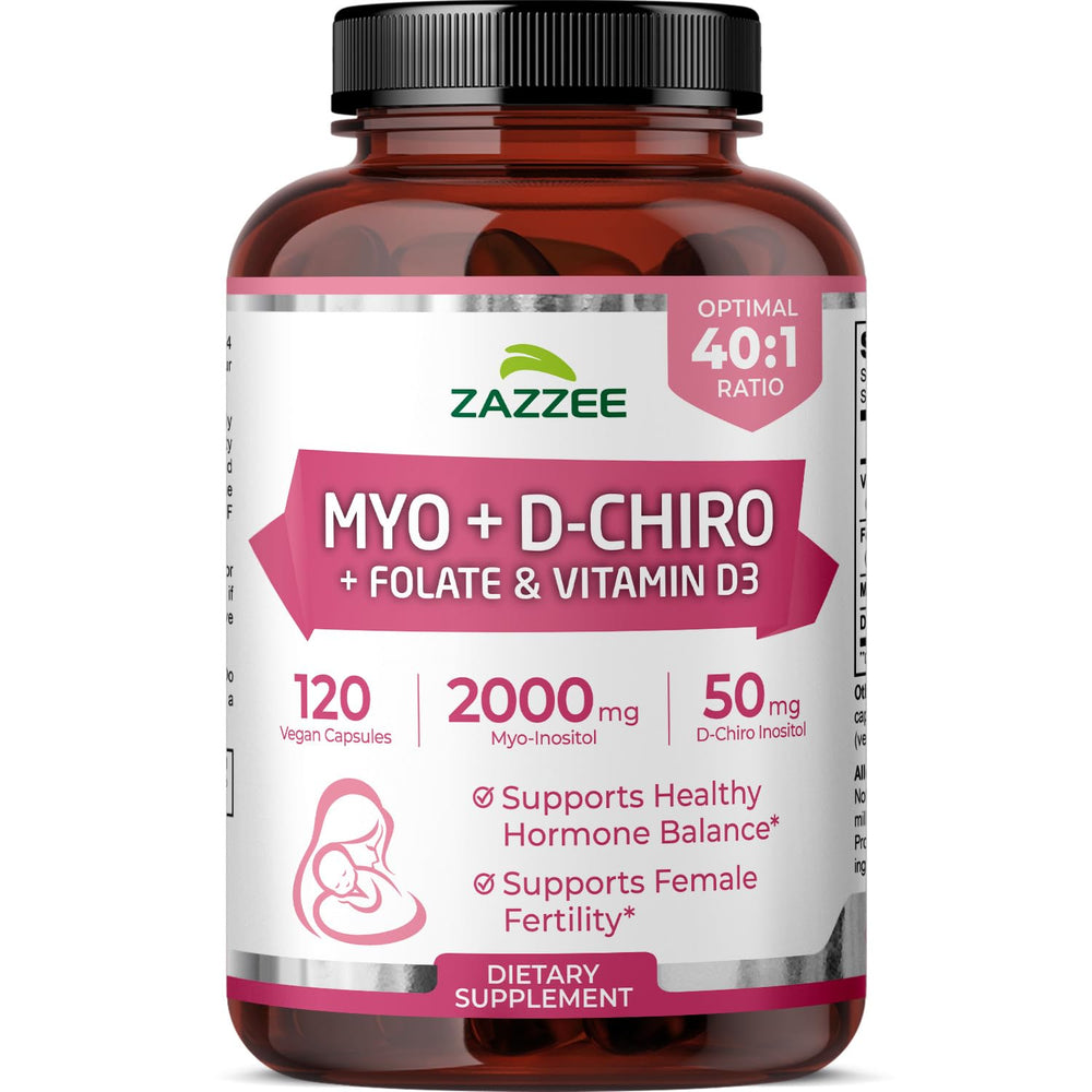 Zazzee Myo-D-Chiro Inositol bottle showing 40:1 ratio for balanced support