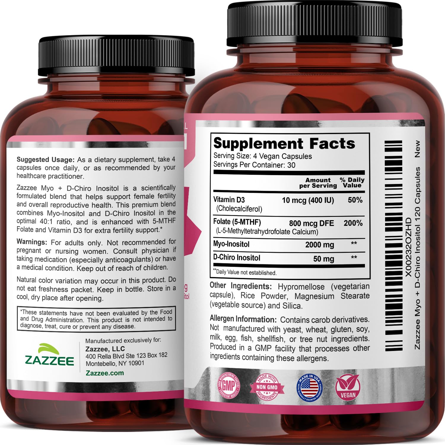 Ingredients list for Zazzee Myo-D-Chiro Inositol on packaging