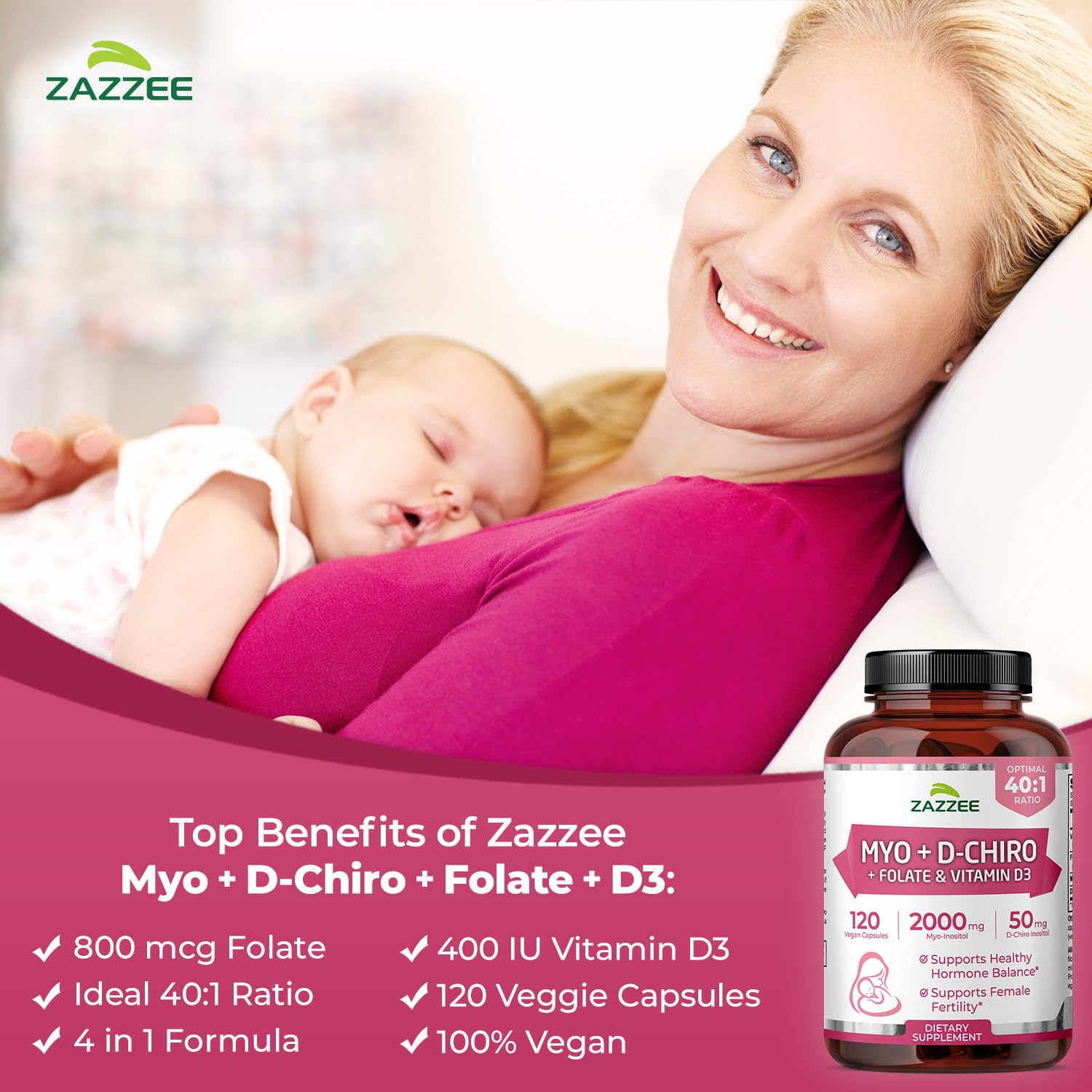 Front label of Zazzee Myo-D-Chiro Inositol highlighting the 40:1 ratio