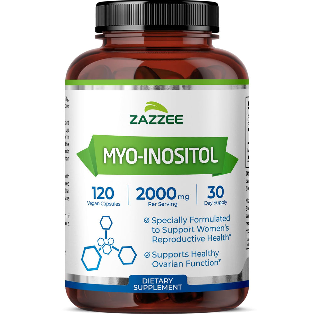 Zazzee Myo-Inositol bottle label highlights 2000 mg per serving for support.