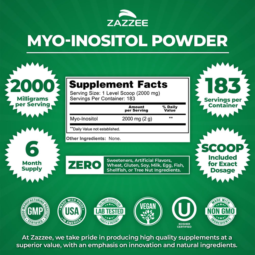 Zazzee Myo-Inositol 183-serving bottle highlights a six-month supply.