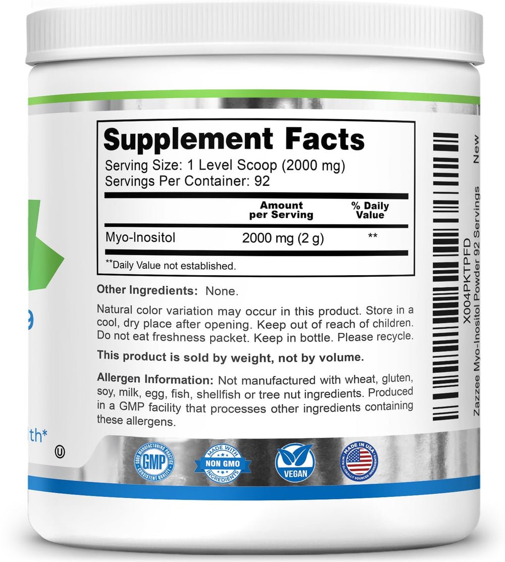 Zazzee Myo-Inositol powder dosage guide promotes consistent use.