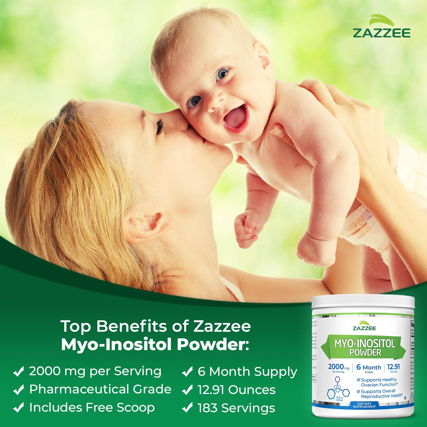 Zazzee Myo-Inositol powder container shows vegan, non-GMO purity.