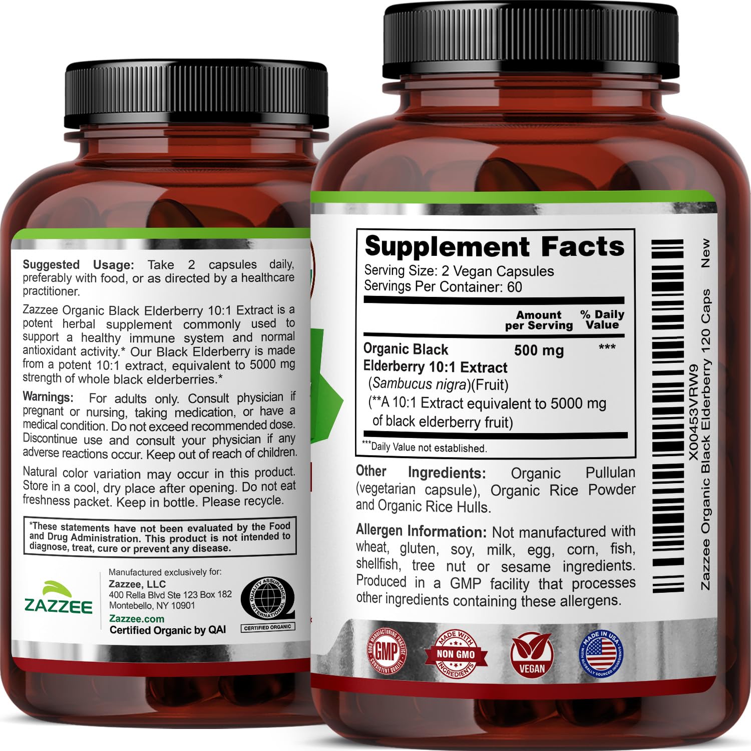 Zazzee nutrition label on elderberry bottle for quick reference