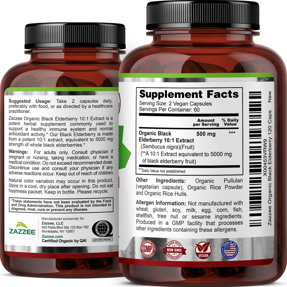 Zazzee nutrition label on elderberry bottle for quick reference