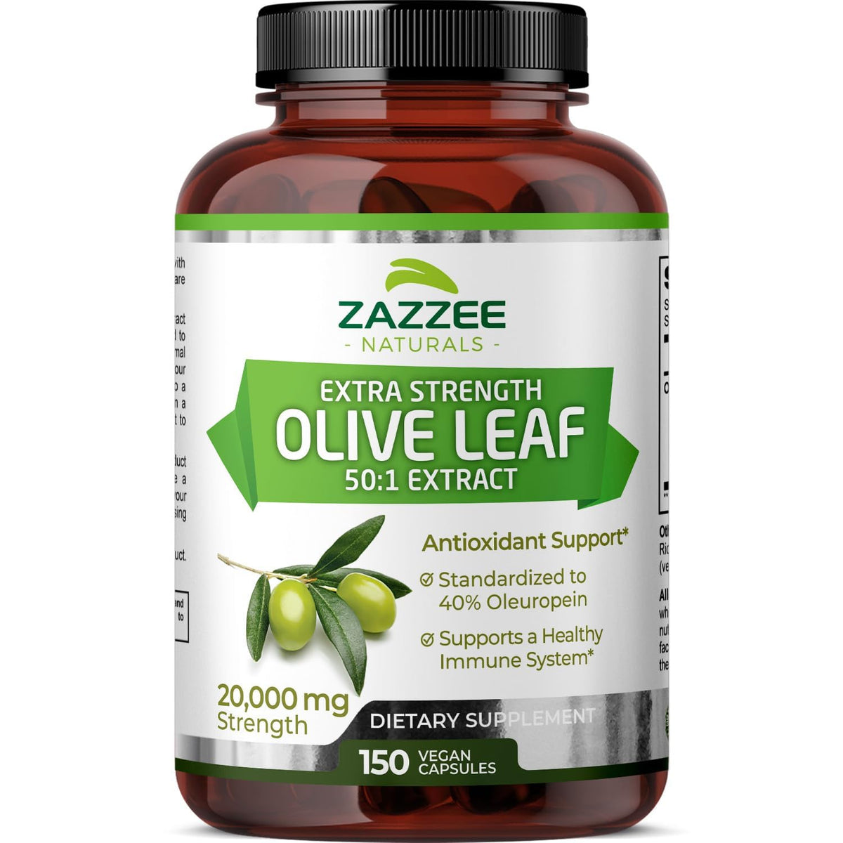Zazzee Extra Strength Olive Leaf bottle supports daily wellness with convenient capsules.