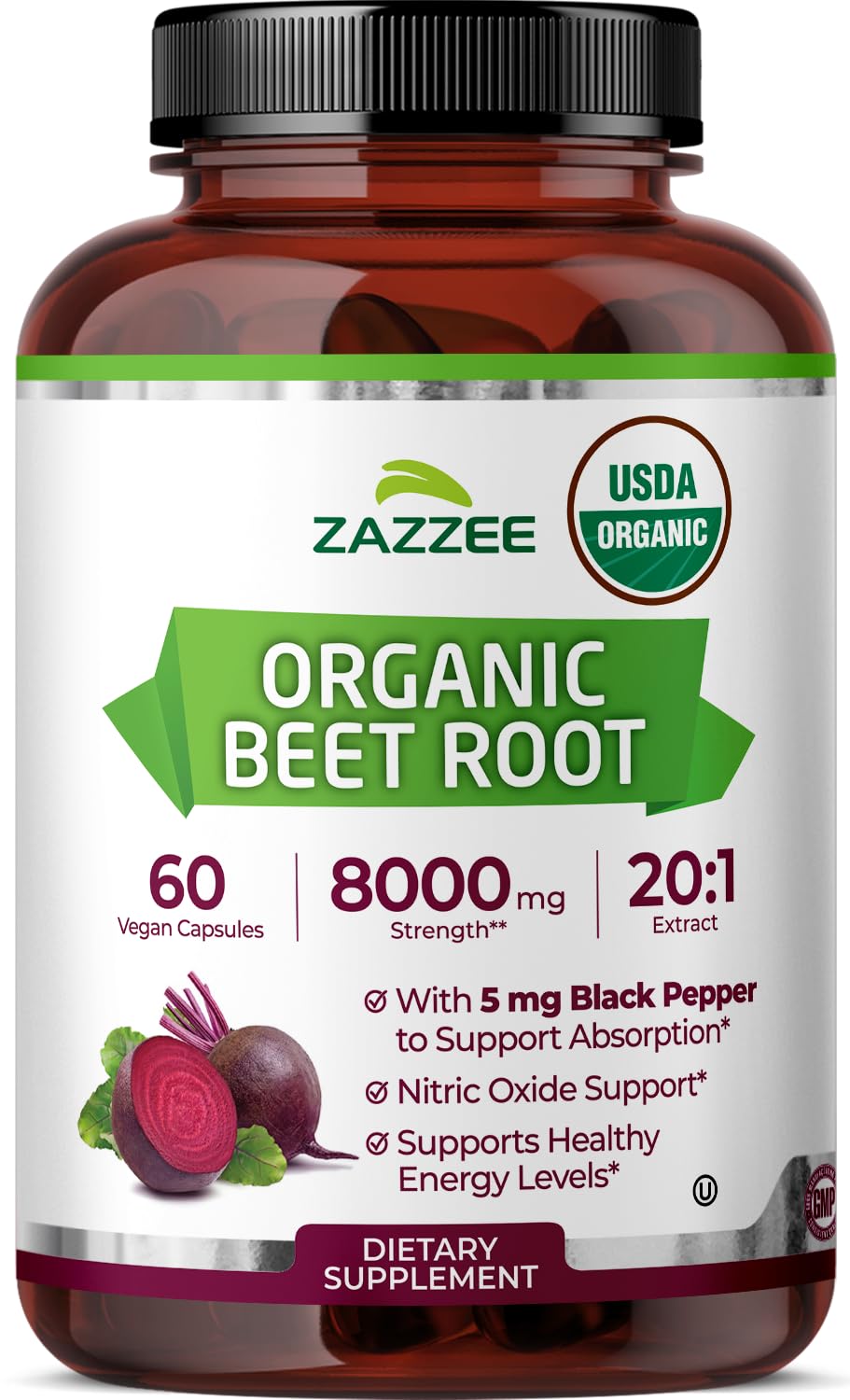 Zazzee Organic Beet Root 8000mg bottle highlighting potency and value