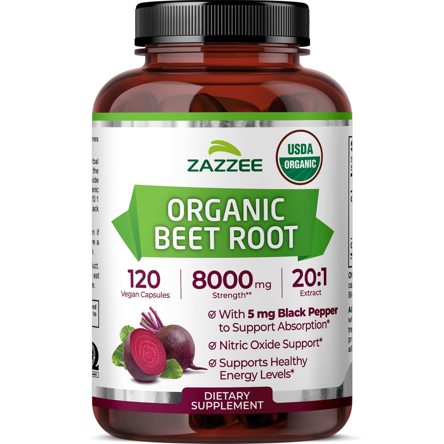 Zazzee Organic Beet Root bottle label showing 8000 mg potency.