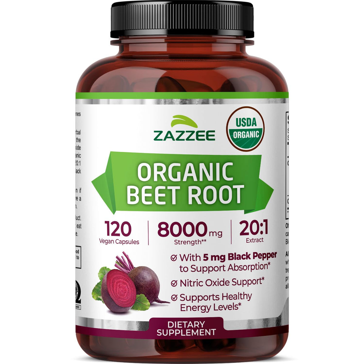 Zazzee Organic Beet Root bottle label showing 8000 mg potency.