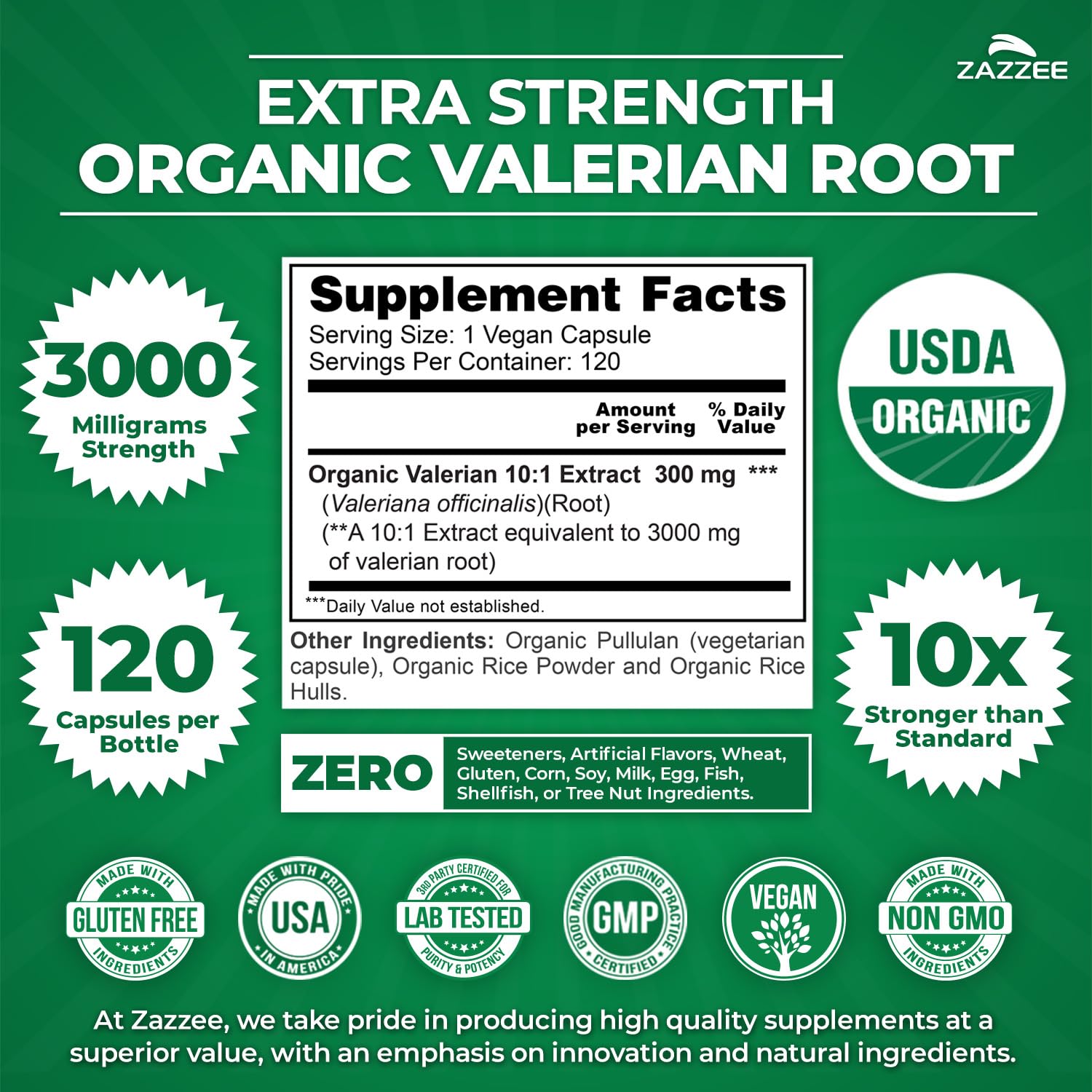 Organic certification badge on Zazzee valerian label.