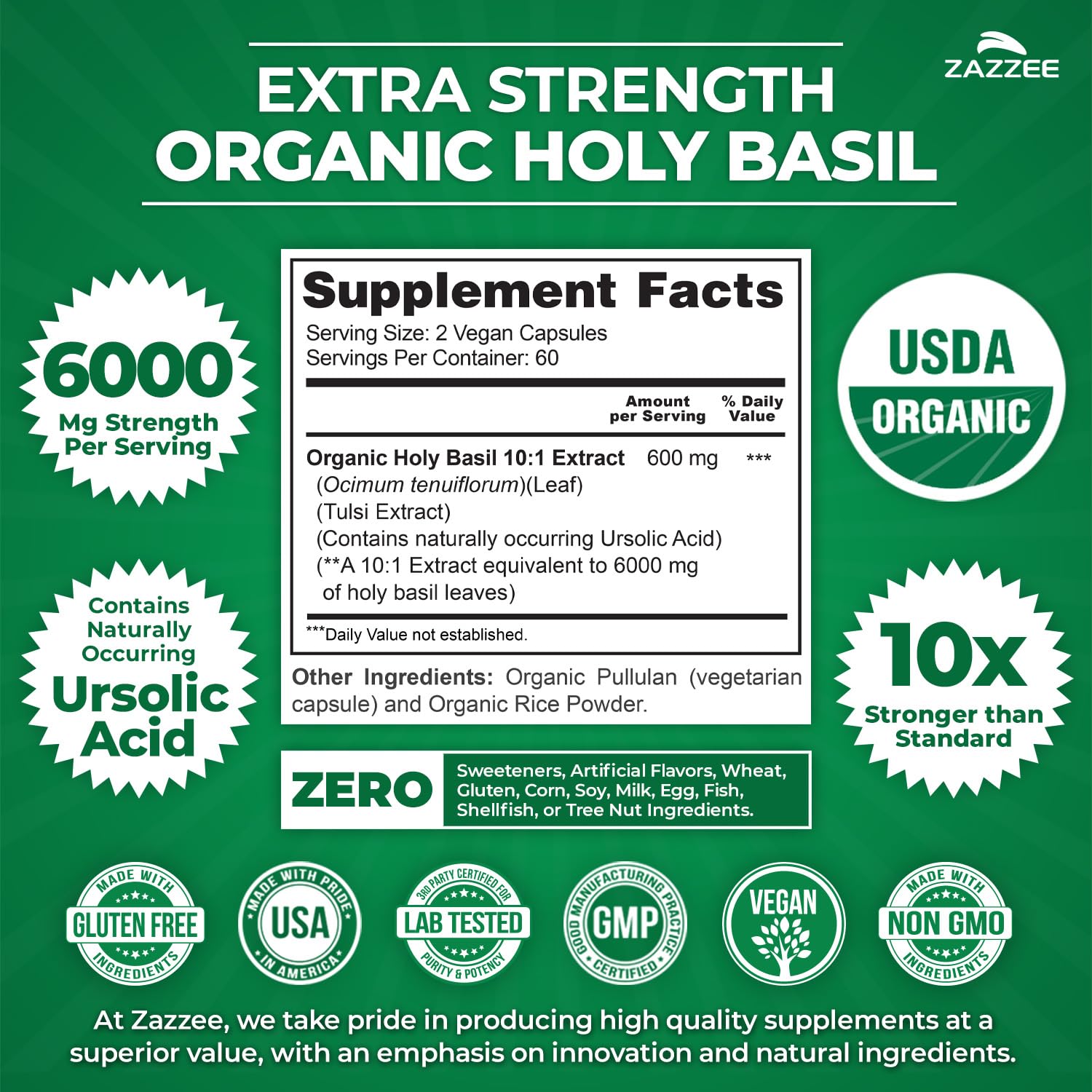 Zazzee organic certification seal signals certified organic sourcing and purity.