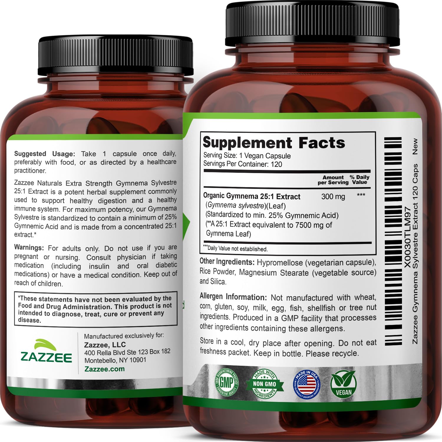 USA manufacturing seal on Zazzee Gymnema Sylvestre 25:1 packaging