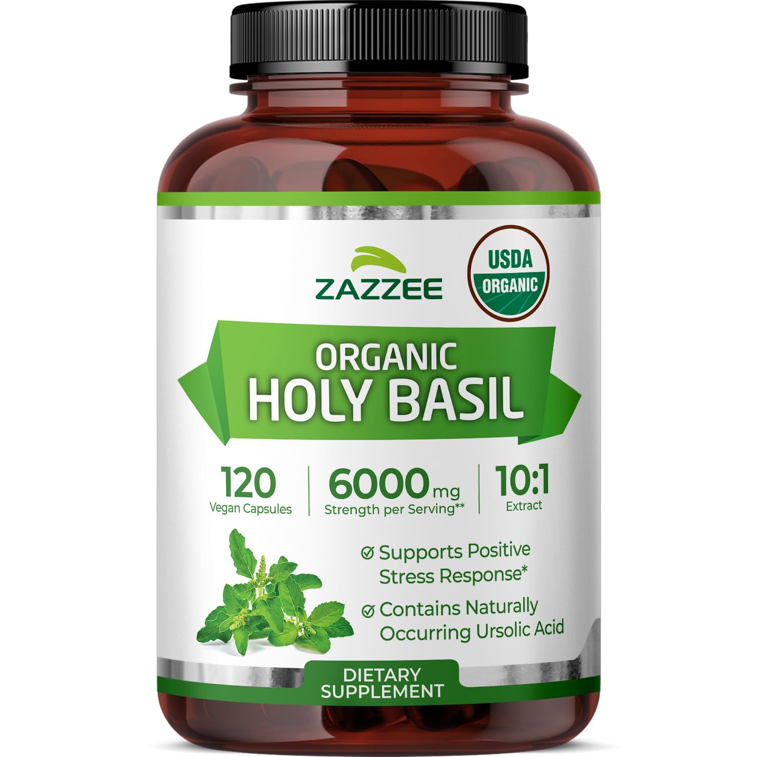 Zazzee Organic Holy Basil bottle front, premium packaging for trusted sourcing.